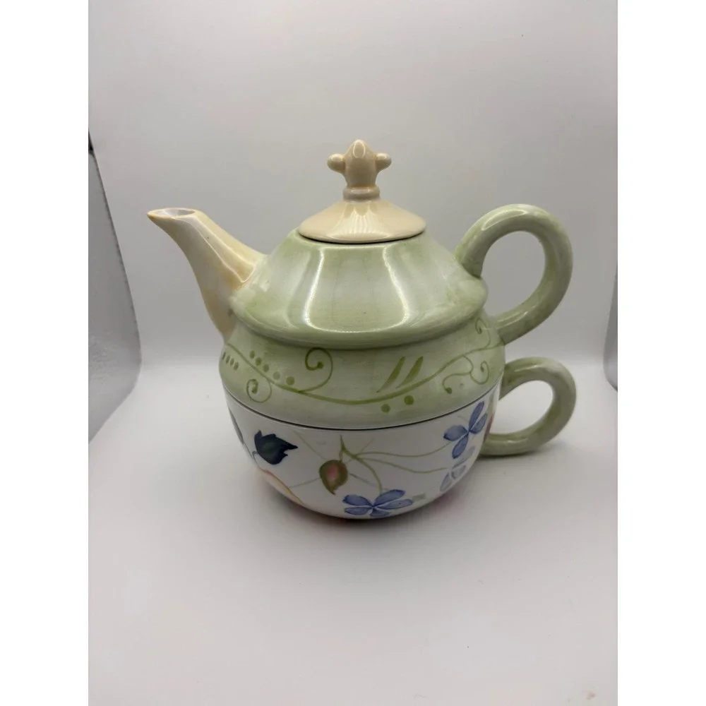 Tracy‎ Porter Hand Painted Ceramic Tea For One Set Stacking Teapot and Cup Green